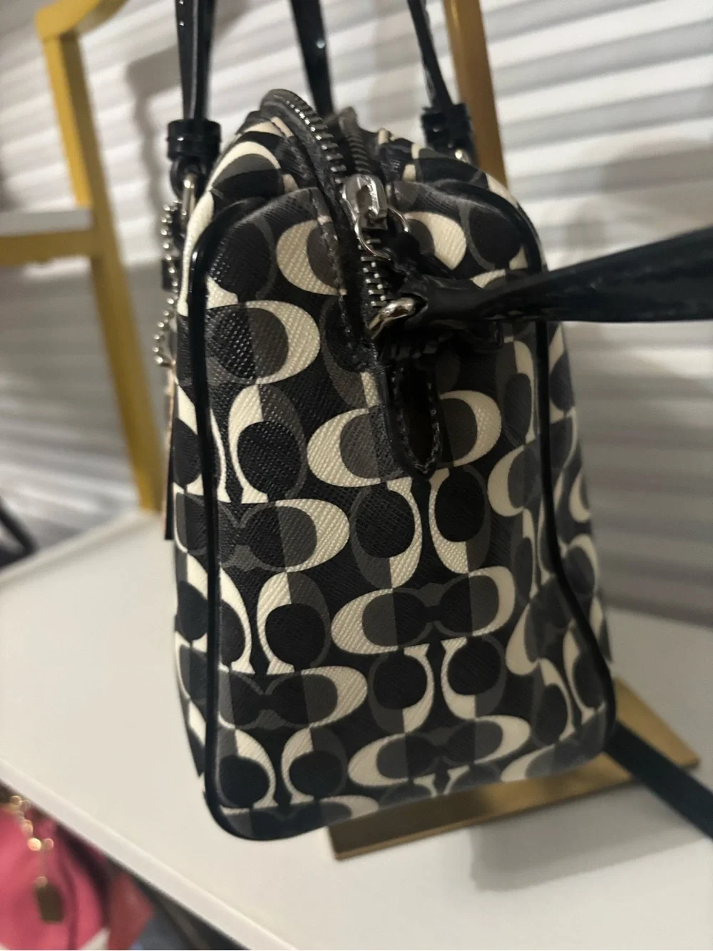 Coach Black and White Logo Satchel with Tan Tag - Picture 5 of 8